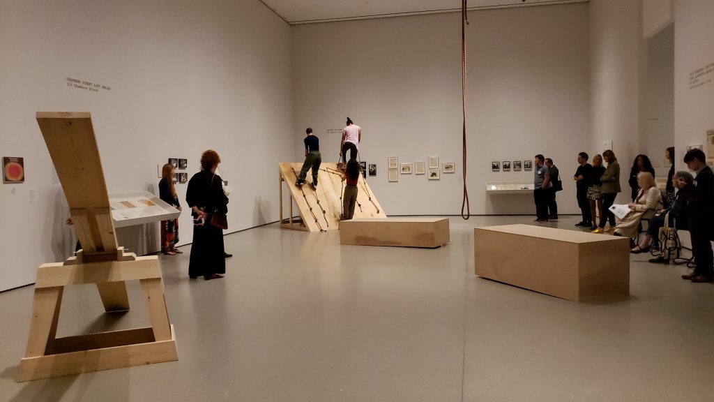 Simone Forti's Dance Construction "See Saw, Slant Board, Accompaniment for Lamont's 2 sounds and Lamont's 2 sounds, and Platforms"
