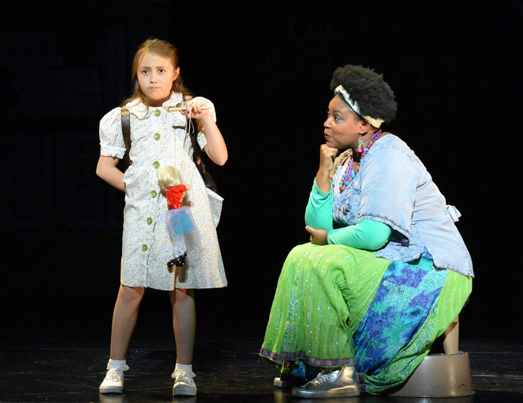 Lucy Bollier and Deanna Anthony star in the 5-Star Theatricals regional theatre premiere of “ROALD DAHL’S MATILDA THE MUSICAL,” directed by Lewis Wilkenfeld and now playing at the Thousand Oaks Civic Arts Plaza. Photo by Ed Krieger
