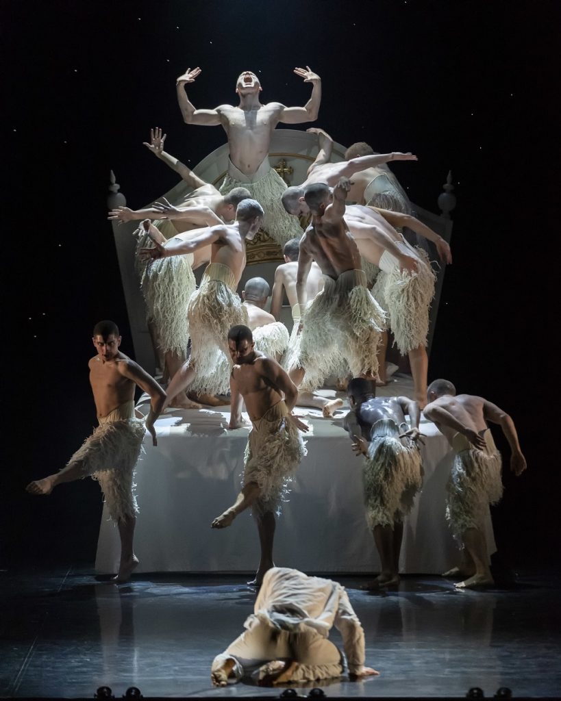 Will Bozier (center) and company in Matthew Bourne’s “Swan Lake” at Center Theatre Group/Ahmanson Theatre - Photo by Craig Schwartz.