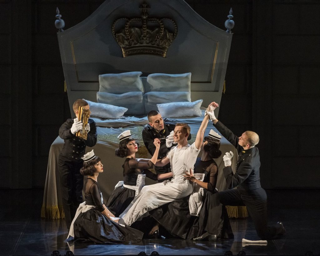 James Lovell (center) and company in Matthew Bourne’s “Swan Lake” at Center Theatre Group/Ahmanson Theatre - Photo by Craig Schwartz.