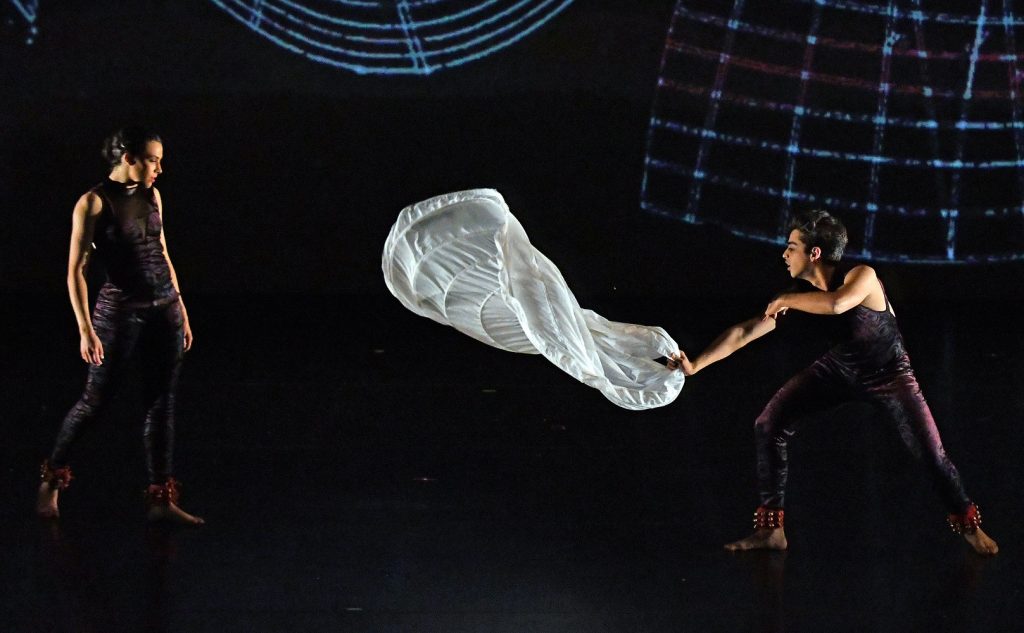 Blue13 Dance Company performing the world premiere of “Terpsichore in Ghungroos, Dear Mr. Khan” by Artistic Director/choreographer Achinta McDaniel - L-R: Jackie Buckmaster-Wright, Jainil Mehth - Photo by Kevin Parry