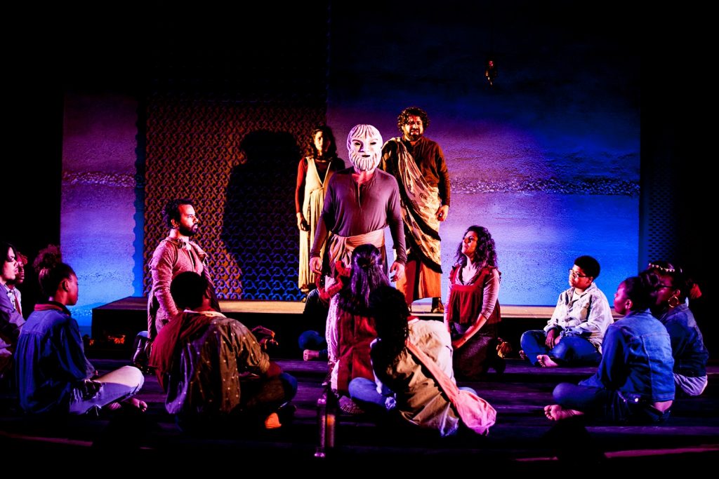 theatre dybbuk in "exagoge" - (back to front) Julie A. Lockhart, Rob Adler, Nick Greene (masked), Jonathan C.K. Williams, Diana Tanaka (facing upstage), Jenny Gillett, with members of The Harmony Project Leimert Park Choir - Photo by Taso Papadakis