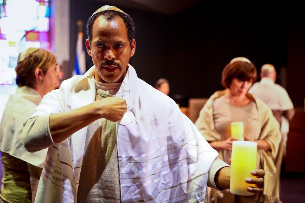 theatre dybbuk – “tefillah” - Joshua Wolf Coleman (background L - Rebecca Rasmussen, R - Shirley Anderson) – Photo by Taso Papadakis