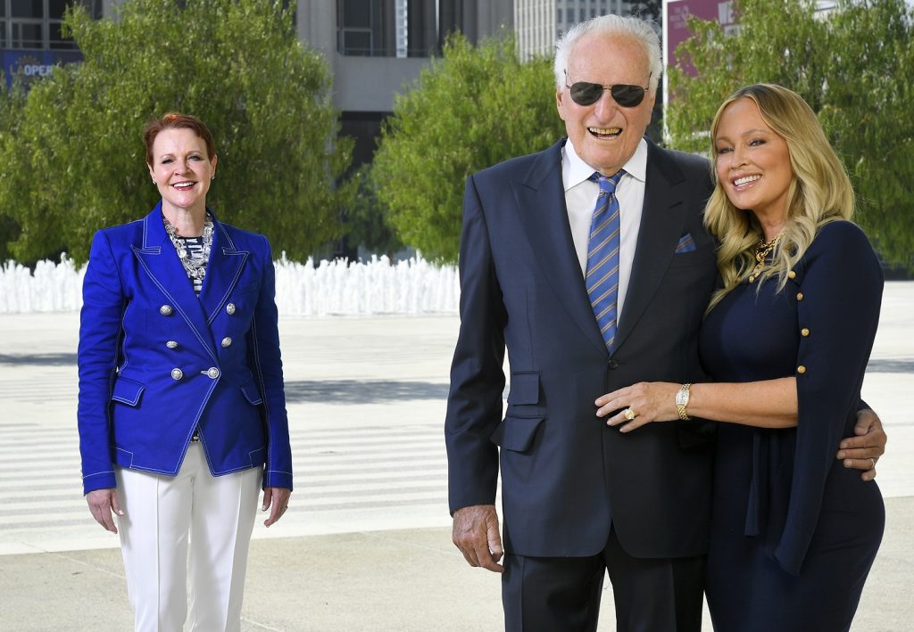 L to R: The Music Center CEO Rachel Moore, Jerry Moss, and Tina Moss on the newly named Jerry Moss Plaza - Photo by John McCoy