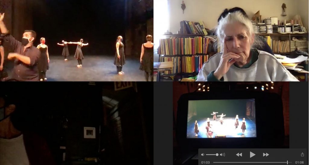 Louise Reichlin & Dancers in production of "Urban and Tribal Dances 2020" - Bosco Flanagan setting lights - Zoom capture courtesy of the company