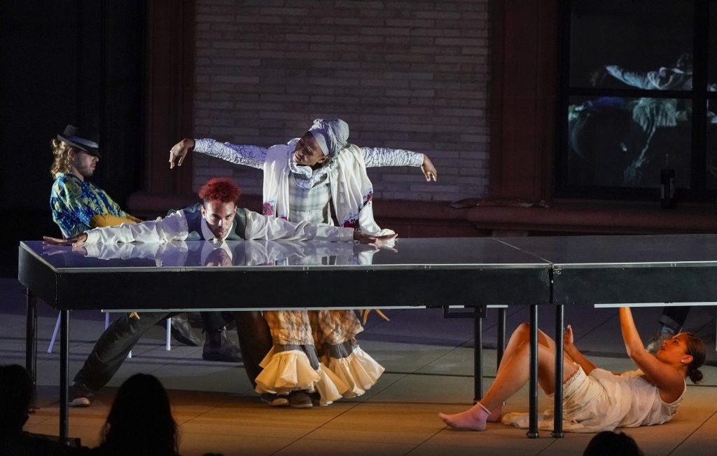 (L-R) Adrian Hoffman, Javan Mngrezzo, Himerria Wortham, Nicole Flores - Heidi Ducker Dance world premiere of "The Chandelier" at the Wallis Annenberg Center for the Performing Arts - Photo by Lawrence K. Ho