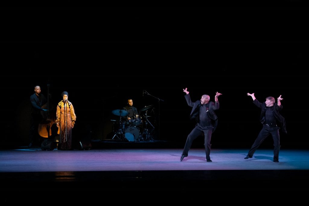 Alvin Ailey American Dance Theater - Renaldo Maurice and Patrick Coker in Robert Battle's "Ella" with live music - Photo by Christopher Duggan