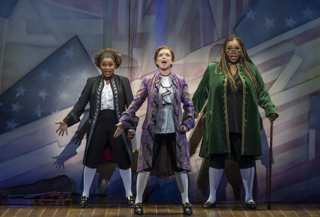 Gisela Adisa as John Adams, Nancy Anderson as Thomas Jefferson, and Liz Mikel as Benjamin Franklin in “1776.” Photo by Joan Marcus