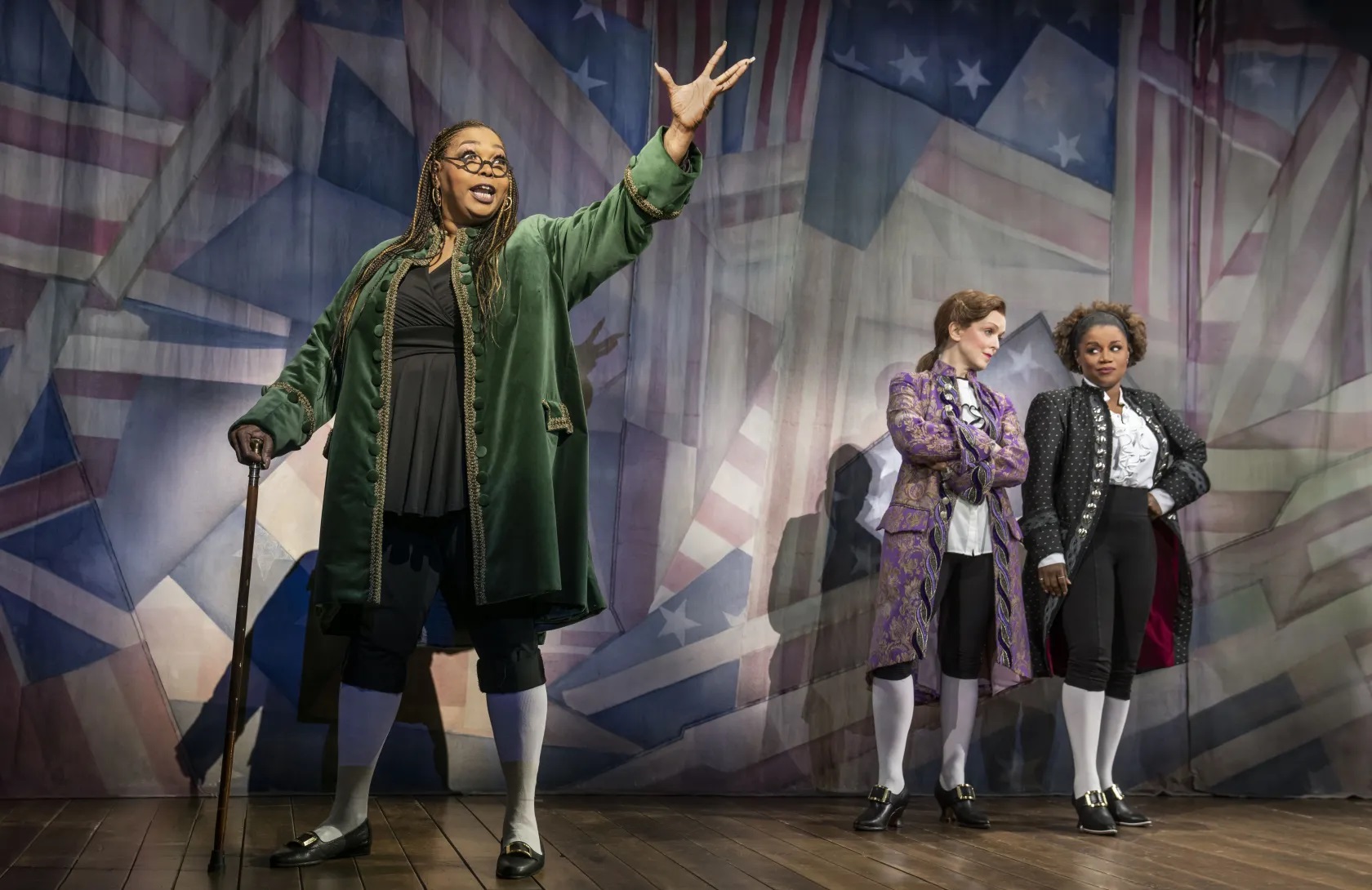 Liz Mikel as Benjamin Franklin, Nancy Anderson as Thomas Jefferson and Gisela Adisa as John Adams in “1776.” Photo by Joan Marcus