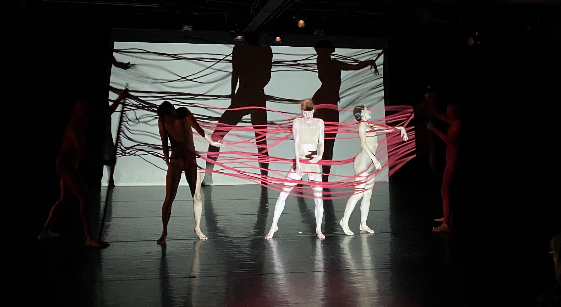 NEDT - Imprints - L>R Jacob Schmeider-Hacker, Katrina Amerine, Ashleigh Doede, Tara Aghaian, Marco Tacandong in "Seeing Red", choreography by Nancy Evans Doede - Photo by Noel Dilworth