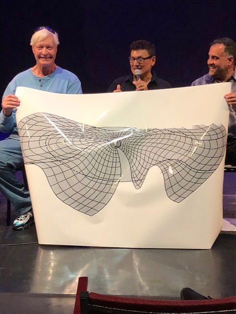 Awe & Wonder - L-R Gerard Fasel, Albertossy Espinoza, Dr. Ashwin Vasavada holding up diagram of Dancing Auroral Lights during Q&A - Photo by Joanne DiVito for LADC