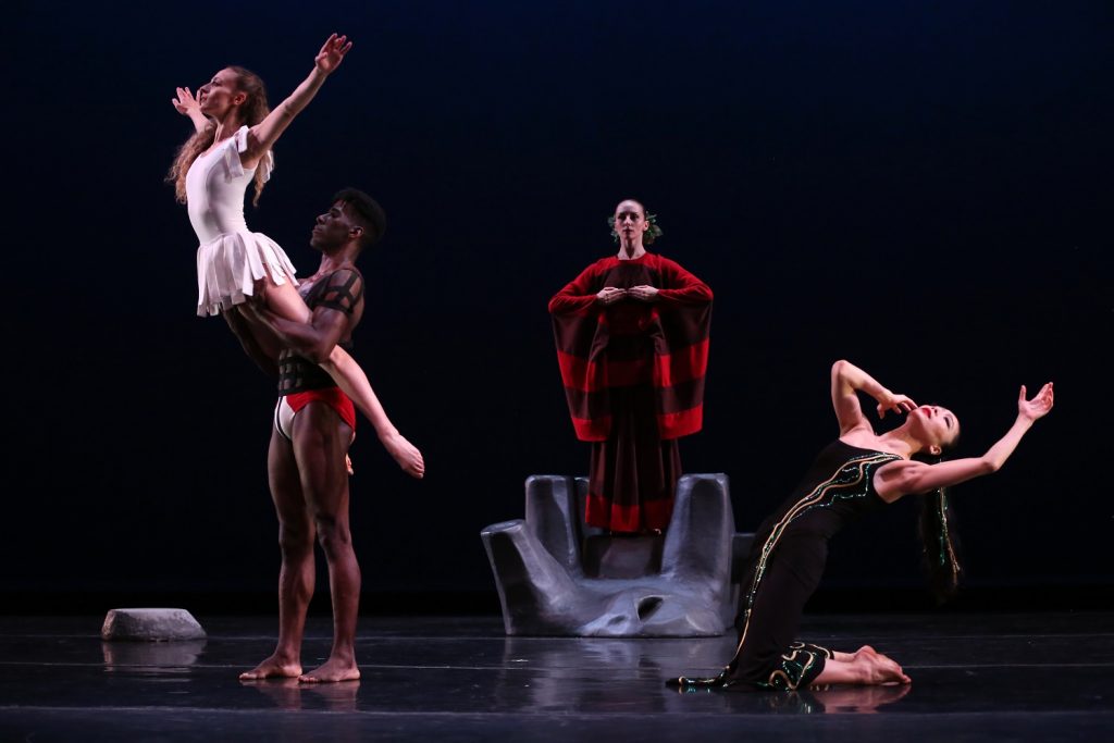 MGDC - Marzia Memoli, Lloyd Knight, Anne Souder, and Xin Ying in Martha Graham’s "Cave of the Heart" - Photo by Melissa Sherwood