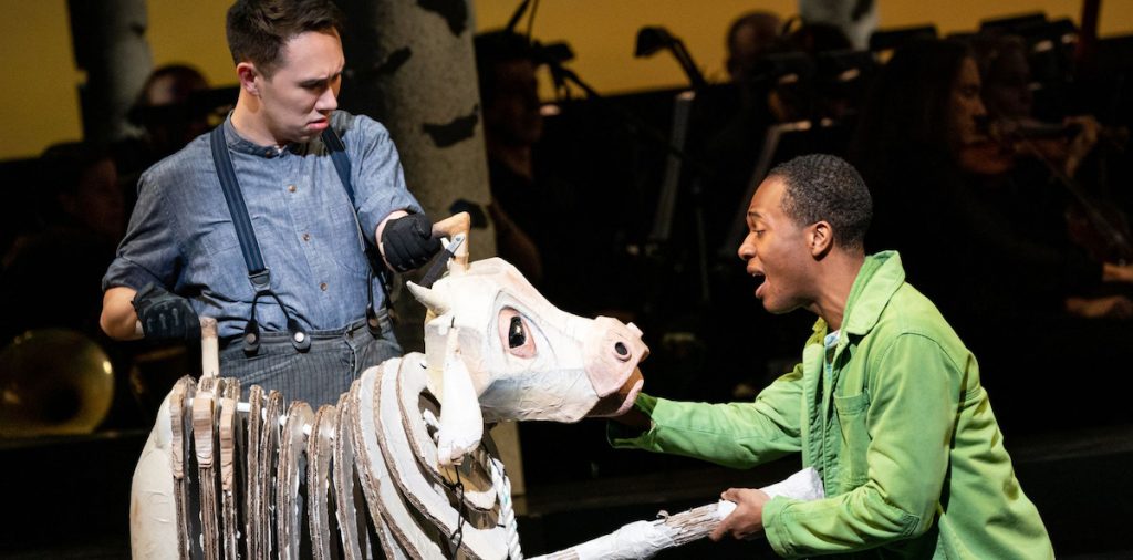 From L to R: Kennedy Kanagawa and Cole Thompson in the Broadway production of "Into the Woods" - The puppeteer, Milky White and Jack - Photo by: Matthew Murphy and Evan Zimmerman