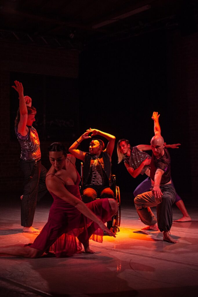 Walk the Walk - (L-R) K. Bradford, Lennon Torres, D. Hill (seated), Cedric Tai, Cody Brunelle-Potter - Photo by Hope Spears - Invertigo Dance Theatre