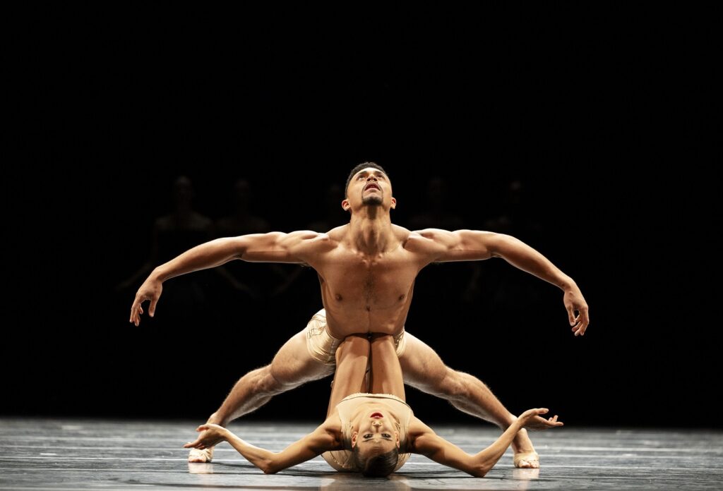 Pacific Northwest Ballet soloist Dammiel Cruz-Garrido and corps de ballet dancer Clara Ruf Maldonado in Jiri Kylian’s "Petite Mort" - Photo © Angela Sterling