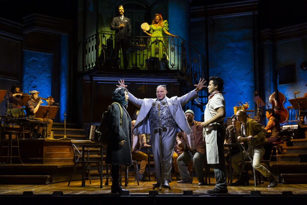 (from top left clockwise) Matthew Patrick Quinn, Lana Gordon, J. Antonio Rodriguez, Will Mann, Amaya Braganza and company in the Hadestown - Photo by T Charles Erickson