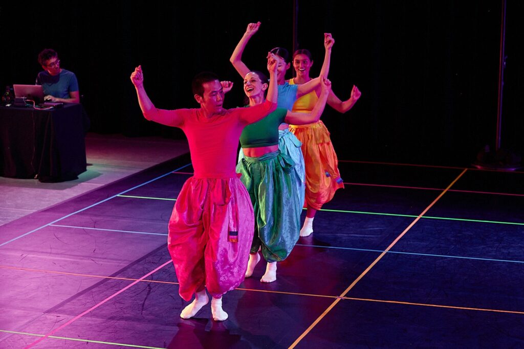 Los Angeles Performance Practice - LAX Festival - Daniel Correl (left) - Dancers Hyoin Jung, Arletta Anderson, DaEun Jung, Tulsi Shah in NORRI - Photo by Michael C. Palma.