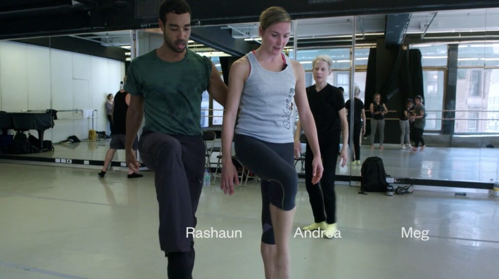 Screenshot from "If The Dancer Dances" - Rashaun Mitchell, Andrea Weber, and Meg Harper in rehearsal for "Rainforest" - Courtesy of OVID.tv.