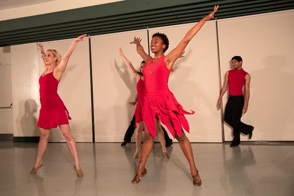 BrockusRED's BLUE - Mara Hancock, Denali Huff, Joyln Lambey, Arturo Gonzalez in "Take 5" - Photo by Denise Leitner.