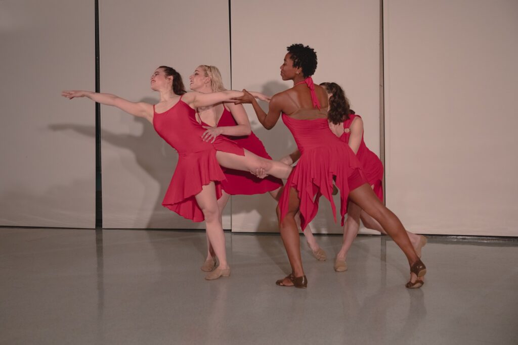 BrockusRED's BLUE - Mara Hancock, Denali Huff, Rebecca Lee, Anne Lee Rohovec, Joyln Lambey in "Ascention" - Photo by Denise Leitner.