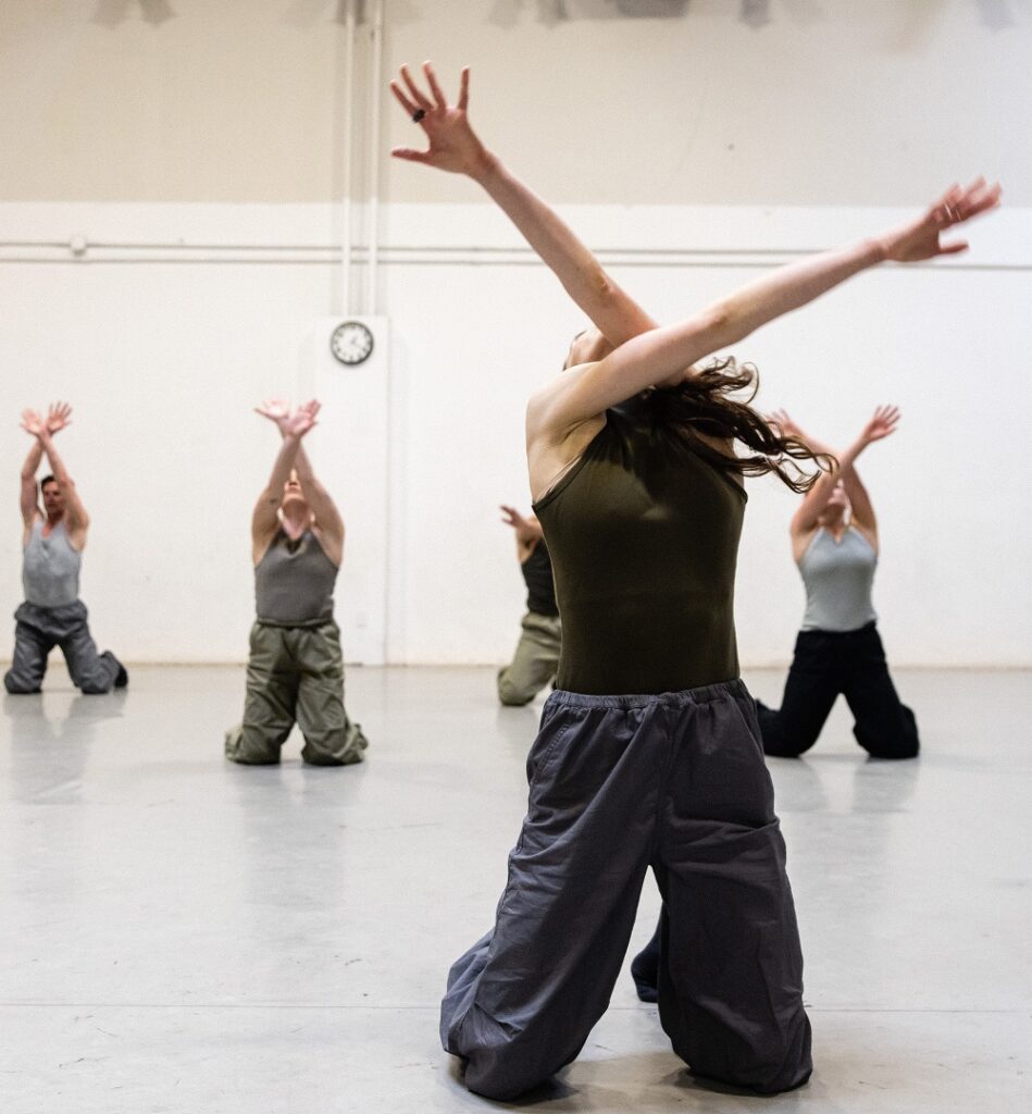 Laurie Sefton Creates - Nicholas Sipes, Maddie Lacambra, Marlie Couto, Sidney Scully in rehearsal of "Herd. Person?, Choreographer Laurie Sefton, dancers - Photo by Skye Schmidt Varga.