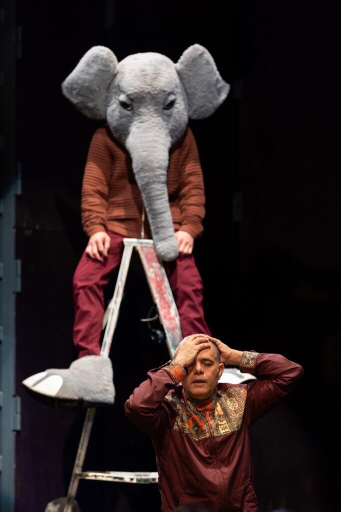 Jay Carlon in elephant suit and Lionel Popkin in Popkin's Reorient the Orient at REDCAT - Photo by Angel Origgi.