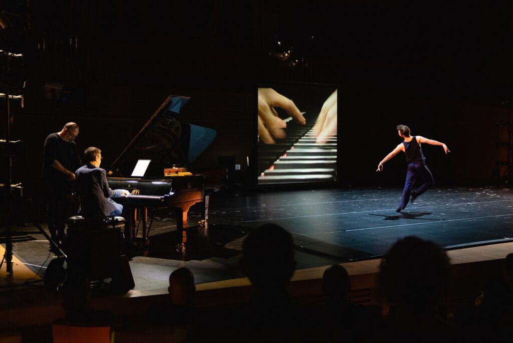 Alexandre Tharaud at piano, Benjamin Millepied right in UNSTILL LIFE - Photo by Farah Sosa, for the LA Philharmonic.