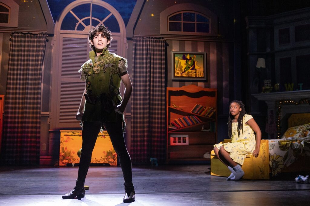 "Peter Pan" - "I Gotta Crow" - L-R Nolan Almeida as Peter Pan, Hawa Kamara as Wendy - Photo by Matthew Murphy