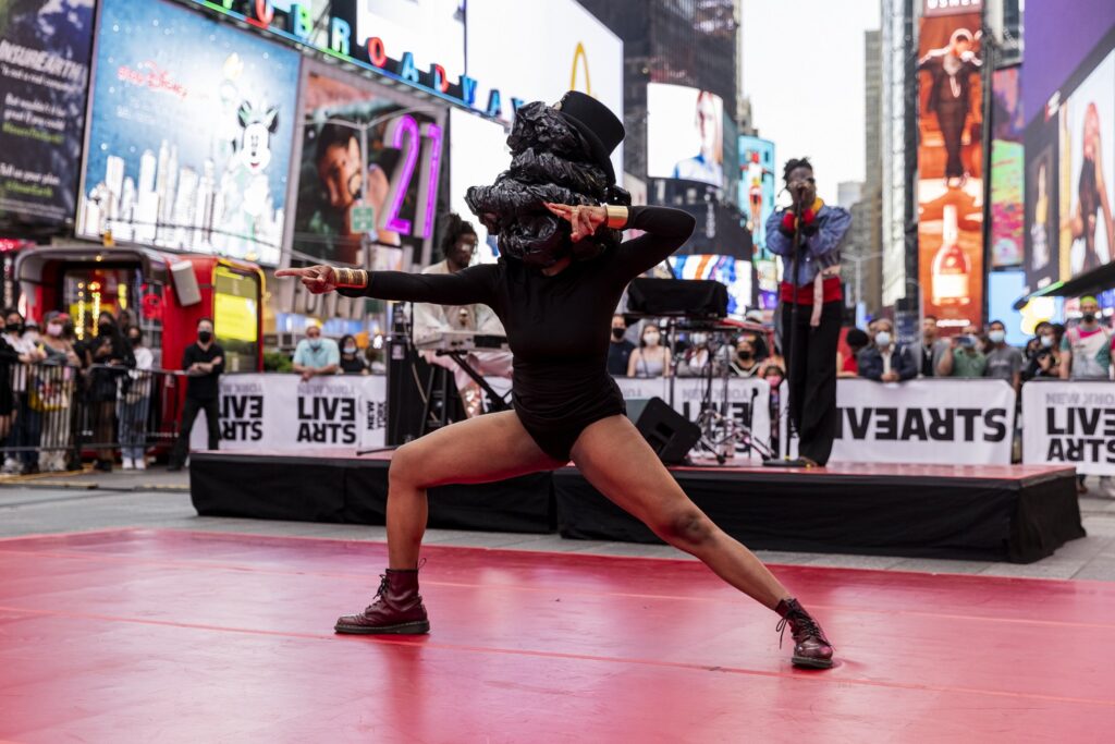 Saul Williams' "The Motherboard Suite" 2021 in Times Square - Photo by Maria Baranova, Courtesy of New York Live Arts.
