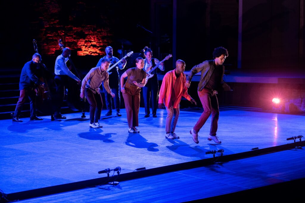 Michelle Dorrance & Friends - Musicians: (L-R) Gregory Richard, Richard Gibbens, Adam Yasmin, Michelle Dorrance - Dancers (Front - Back) Leonardo Sandoval, Byron Tittle, Elizabeth Burke, Luke Hickey in "three guys and a gal" - Photo: Halline Overby, courtesy of the Los Angeles Philharmonic.