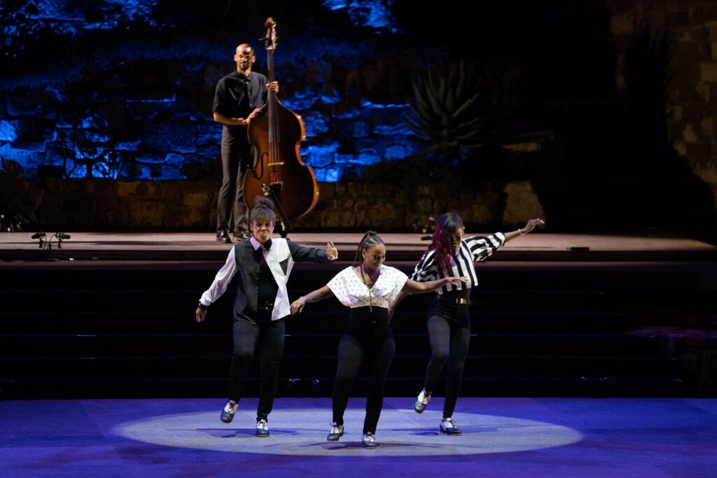Michelle Dorrance & Friends - Gregory Richardson (On Bass) with Chloe Arnold, Ki'Leigh Williams, and Gisele Silva - Photo: Halline Overby, courtesy of the Los Angeles Philharmonic.