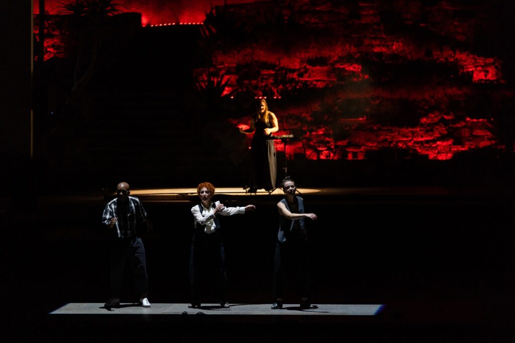 Michelle Dorrance & Friends - (upper level) Penelope Wendtlandt (Dancers L-R) Bryan Tittle, Jillian Meyers, Michelle Dorrance - Photo: Halline Overby, courtesy of the Los Angeles Philharmonic.