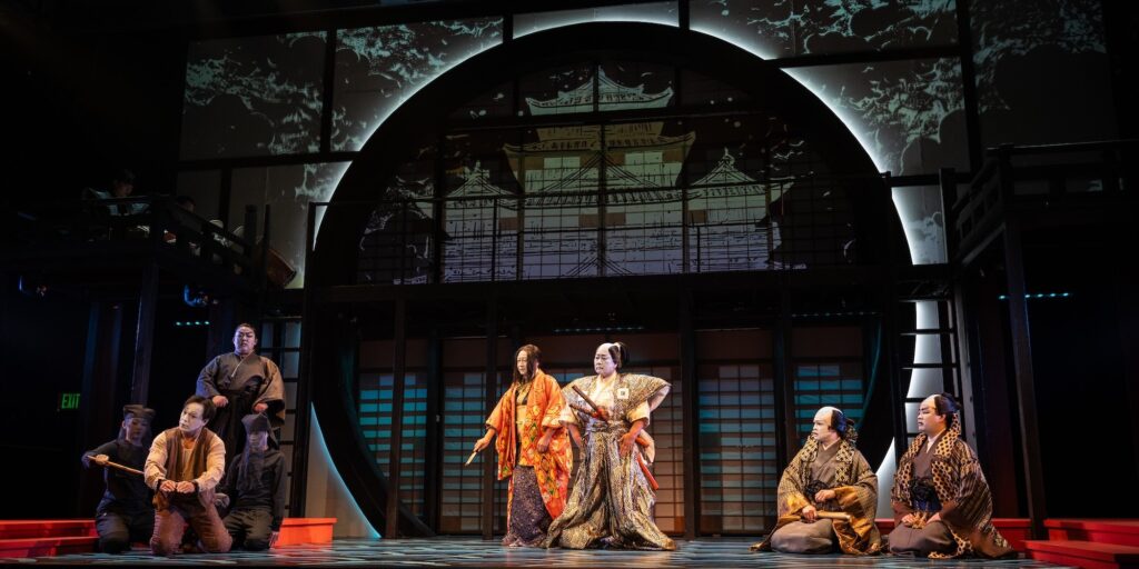 Gemma Pedersen, Adam Kaokept, Nina Kasuya, Kit DeZolt, Gedde Watanabe, Kerry K. Carnahan, Kavin Panmeechao, and Scott Keiji Takeda in Pacific Overtures at East West Players. Photo by Teolindo.