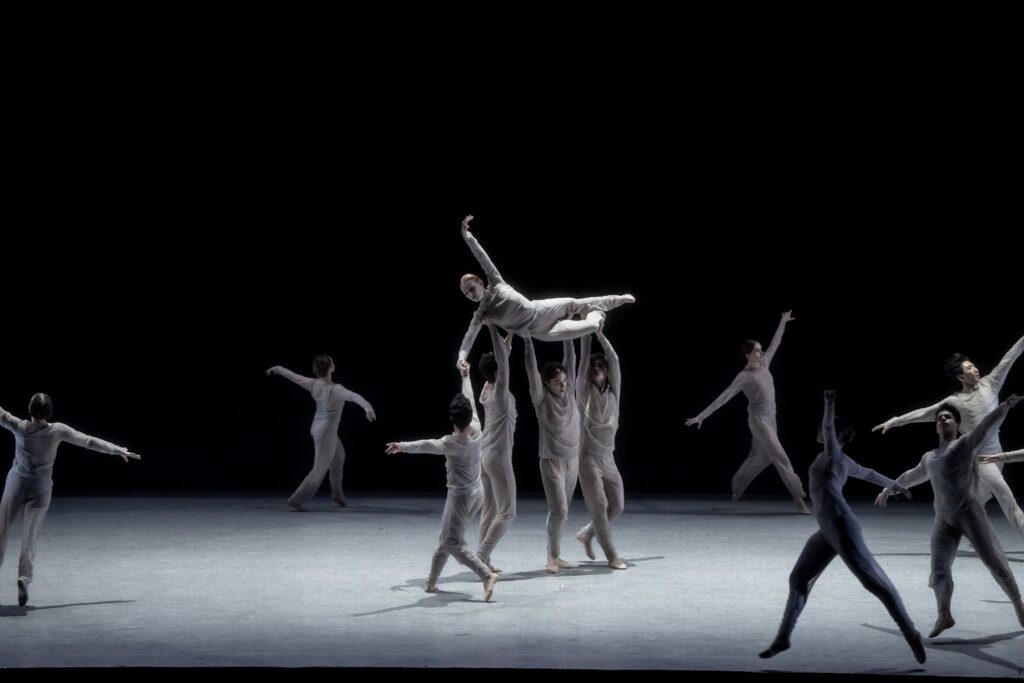 Los Angeles Ballet in "Memoryhouse" choreography by Melissa Barak - Lilly Fife above and ensemble - Photo by Cheryl Mann.