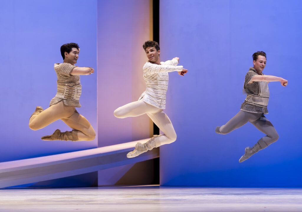 Pacific Northwest Ballet principal dancer Lucien Postlewaite (center) as Romeo, with soloist Christian Poppe as Benvolio and principal dancer Kyle Davis as Mercutio, in Jean-Christophe Maillot’s Roméo Et Juliette - Photo by Angela Sterling.