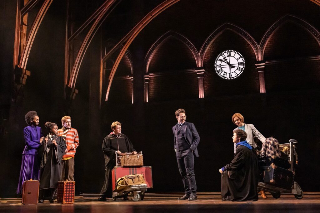 Harry Potter and the Cursed Child North American Tour - (l-r) Ebony Blake as Hermione Granger, Naiya Vanessa McCalla as Rose Granger-Weasley, Matt Mueller as Ron Weasley, Caleb Hafen as James Potter Jr., John Skelley as Harry Potter, Trish Lindstrom as Ginny Potter, Emmet Smith as Albus Potter - Photo by Matthew Murphy.