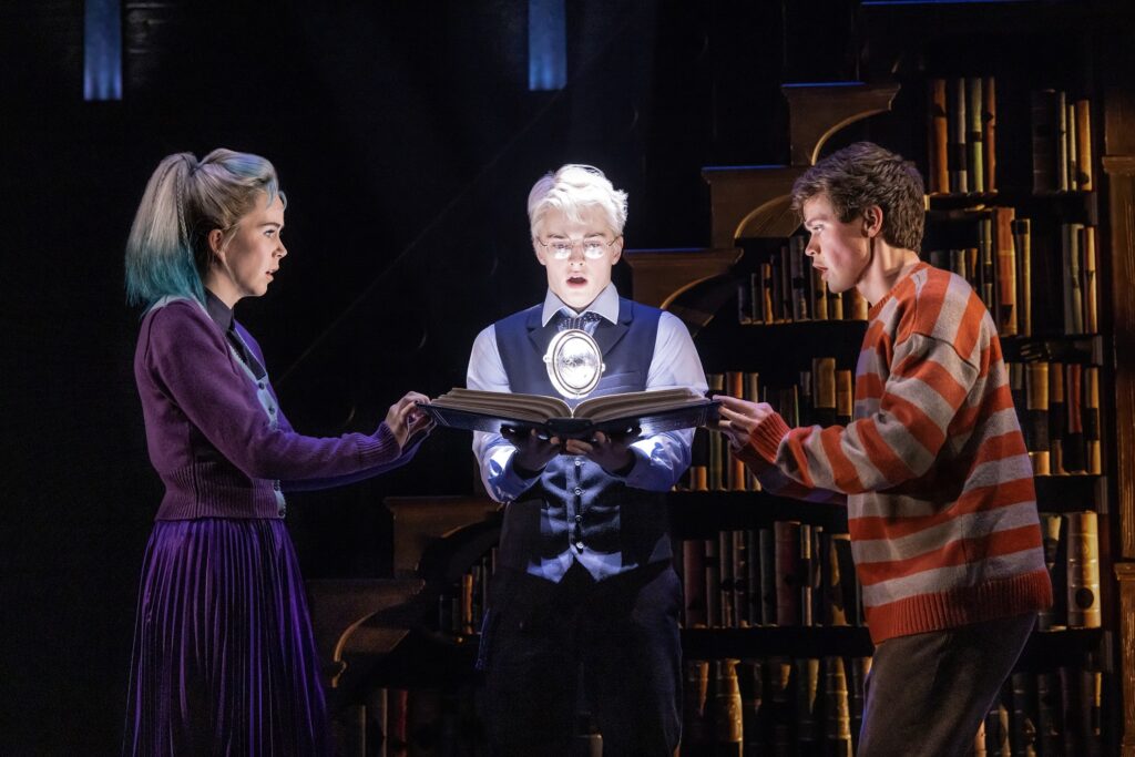 Harry Potter and the Cursed Child North American Tour Julia Nightingale as Delphi Diggory, Aidan Close as Scorpius Malfoy and Emmet Smith as Albus Potter - Photo by Matthew Murphy.