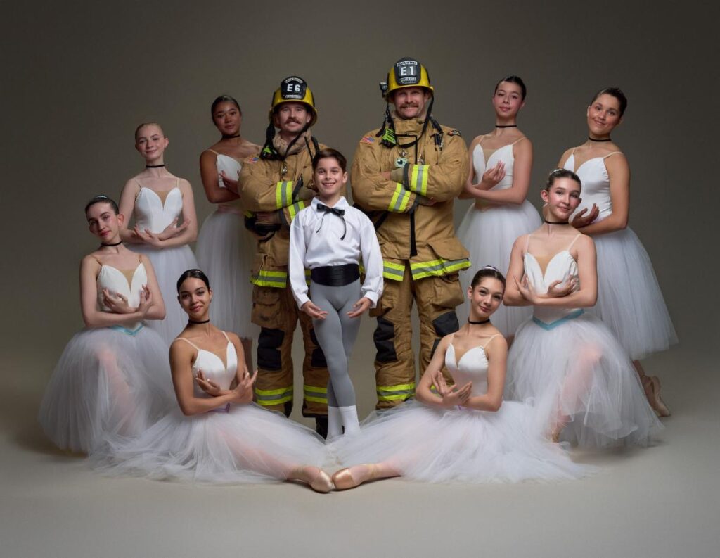 Advanced Pre-professional student dancers pose with Santa Monica firefighters Chad Donley ( left with E6 on helmet) and Klarq Treiberg (right E1 on helmet) of Home station is Fire Station 1, 1337 7th. - Photo courtesy of Westside Ballet.