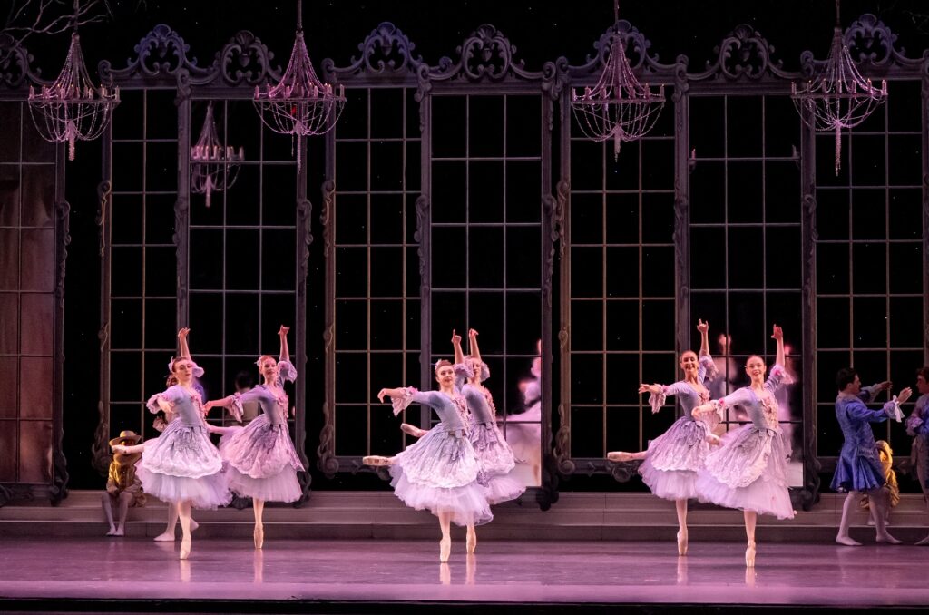 Los Angeles Ballet - "Cinderella" - L-R Abigail Gross, Cleo Taneja, Cassidy Cocke. Back row L-R Lilly Fife Anna Jacobs, Brigitte Edwards - Photo by Cheryl Mann.