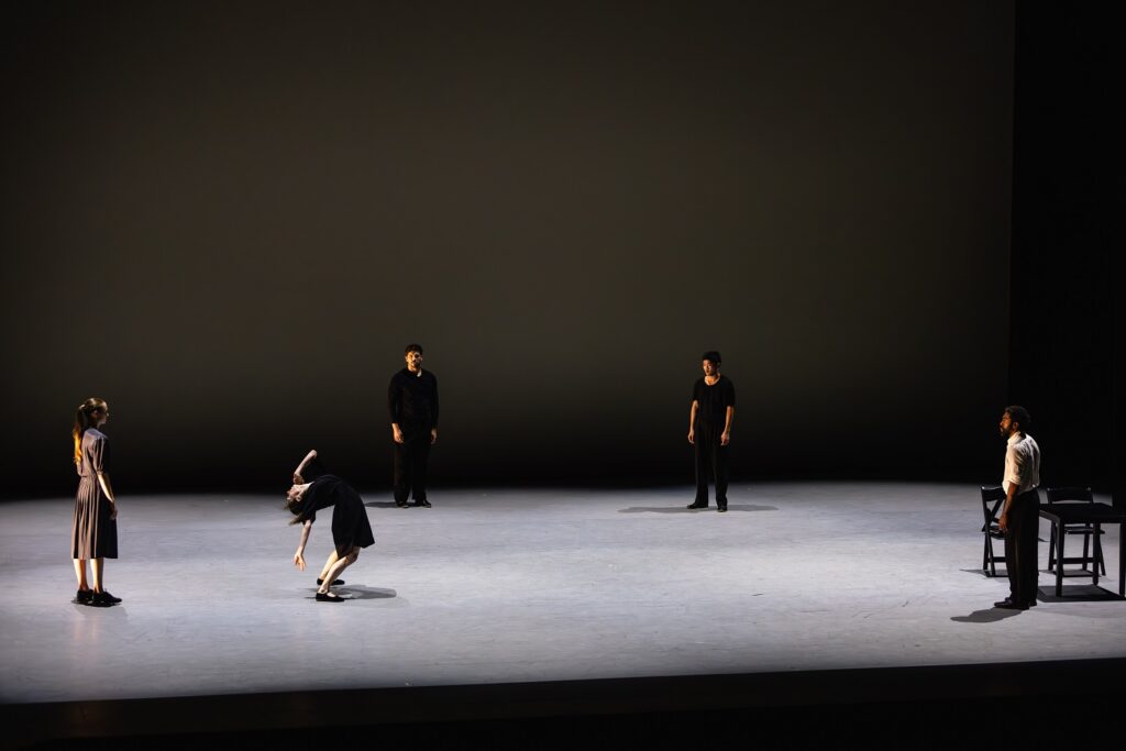 LADP - Courtney Conovan, Daphne Fernberger, Marcel Mejia, Nicholas Sakai, Jeremy Coachman in "Quartet for Five" by Bobbi Jene Smith and Or Schraiber - Photo by Skye Schmidt Varga.