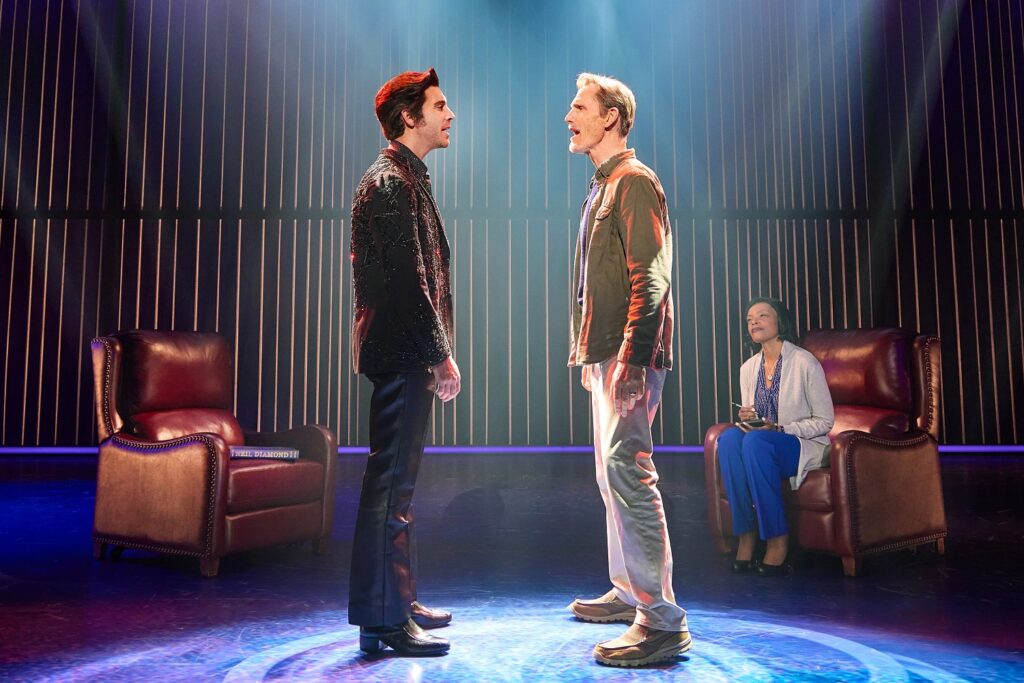 (From left) Nick Fradiani as 'Neil - Then,' Robert Westenberg as 'Neil - Now' and Lisa Reneé Pitts as 'Doctor' in A Beautiful Noise The Neil Diamond Musical - Photo by Jeremy Daniel.