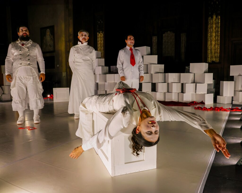 theatre dybbuk's "Dracula (Annotated)" - (back row left to right) Jonathan C.K. Williams, Edgar Landa, Adam Lebowitz-Lockard;(reclining) Julie A. Lockhart - Photo by Taso Papadakis.