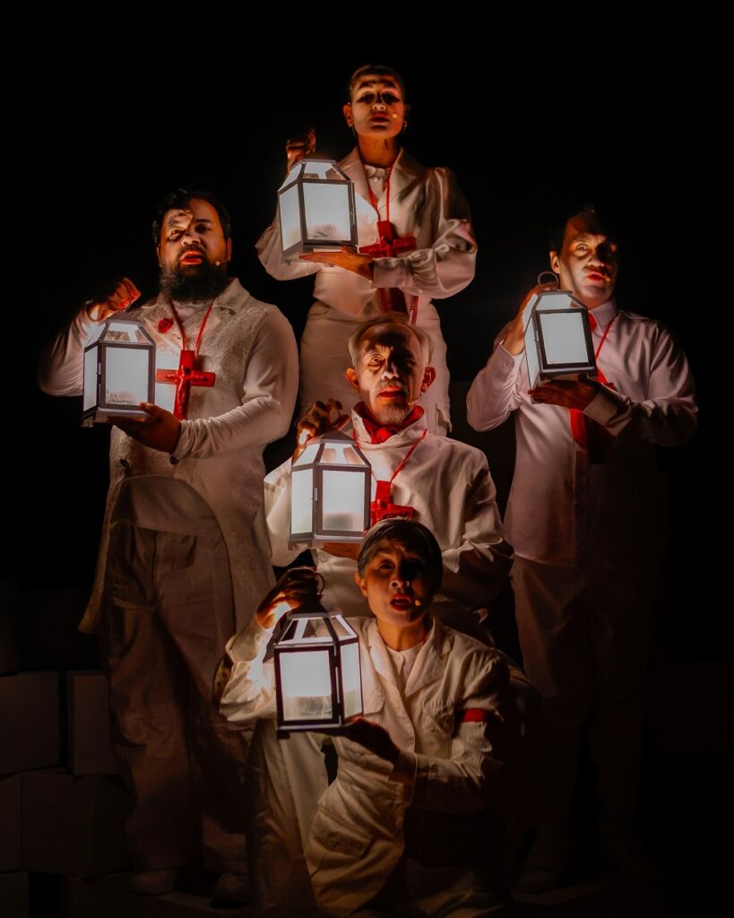theatre dybbuk's "Dracula (Annotated)" - (clockwise from left): Jonathan C.K. Williams, Julie A. Lockhart, Adam Lebowitz-Lockard,Diana Tanaka; (center) Edgar Landa - Photo by Taso Papadakis.