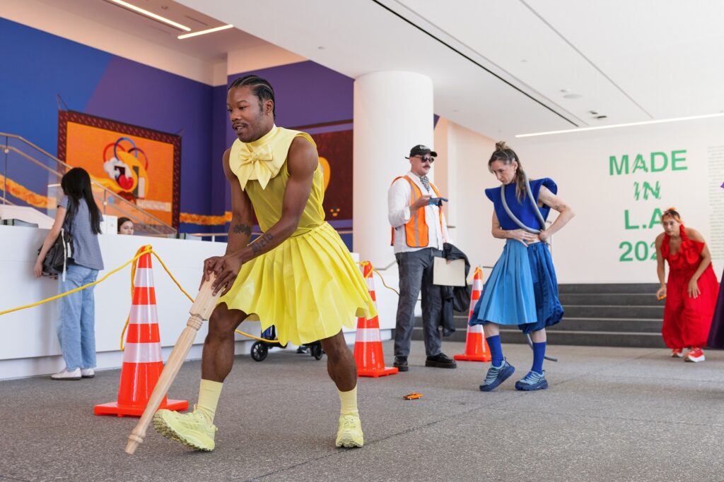 "Unmade" by Will Rawls - Installation view at Hammer Museum - (L to R) Ajani Brannum, Maya Billigand Tiara Jackson - Photo by Sara Golonka.