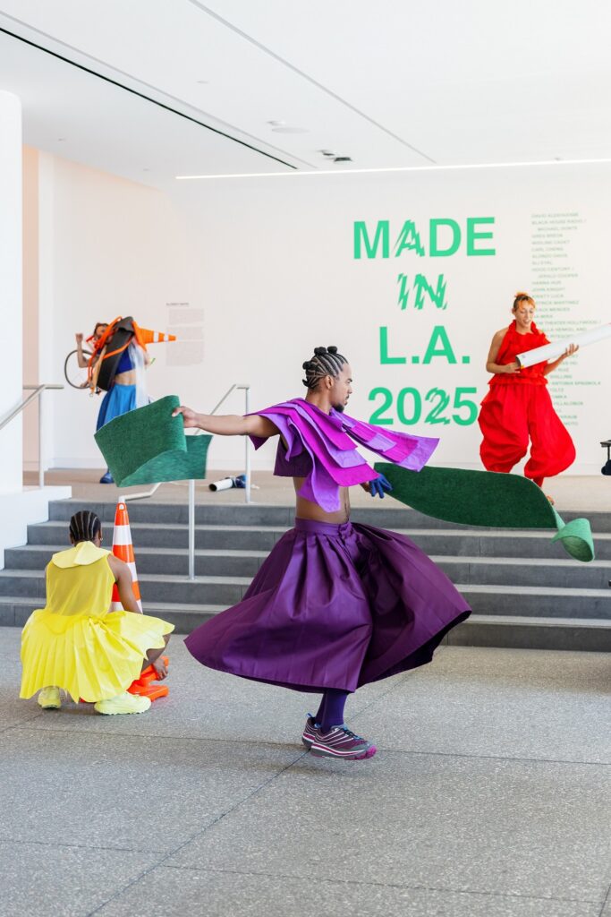 "Unmade" by Will Rawls - Installation view at Hammer Museum - (L to R) Ajani Brannum, Maya Billig,jeremy de'jon guyton, and Tiara Jackson - Photo by Sara Golonka.