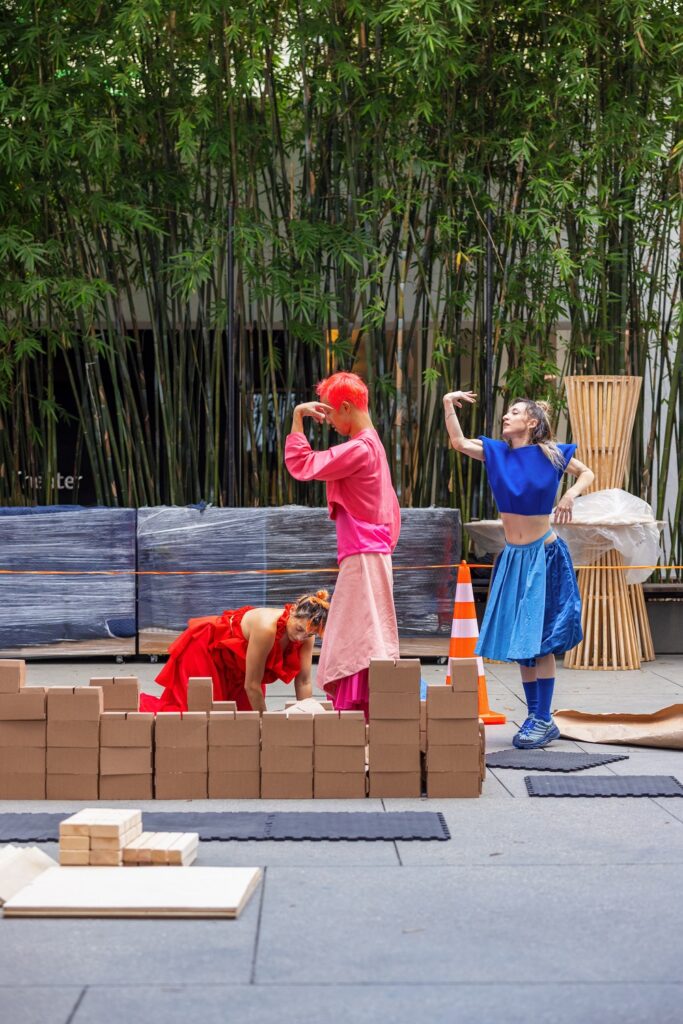 "Unmade" by Will Rawls - Installation view at Hammer Museum - (L to R) Tiara Jackson, KensakuShinohara and Maya Billig - Photo by Sara Golonka.