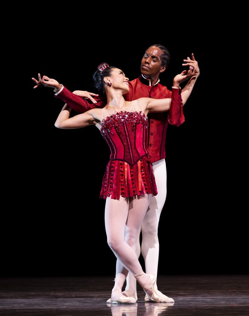 Pacific Northwest Ballet principal dancers Angelica Generosa and Jonathan Batista in "Rubies" from "Jewels", choreography by George Balanchine © The George Balanchine Trust - Photo by Angela Sterling.