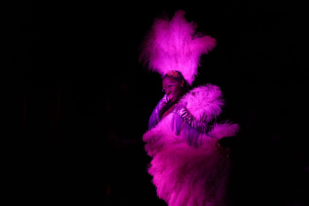Susan Ferguson as the Cheshire cat in "Down the Rabbit Hole" - Photo by Amy Ryerson.