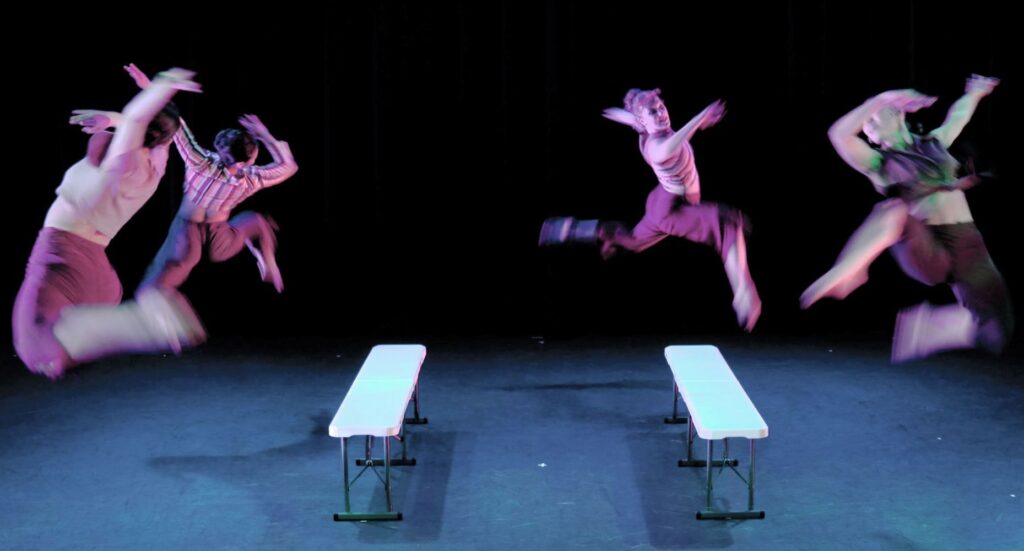 Benita Bike's DanceArt Company - (l to r) Riley Jo Parish, Sarah Chan, Emily Wallace, Genevieve Antonetty in Bike's Excerpt from "Benches" - Screenshot courtesy of the company.