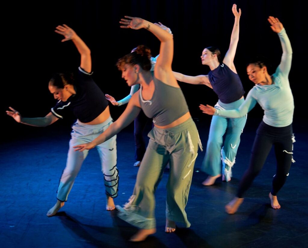 Benita Bike's DanceArt Company - (l to r) Emma Vicaña, Emily Wallace, Genevieve Antonetty (back), Riley Jo Parish, Sarah Chan in Bike's "Flock Struck" - Screenshot courtesy of the company.